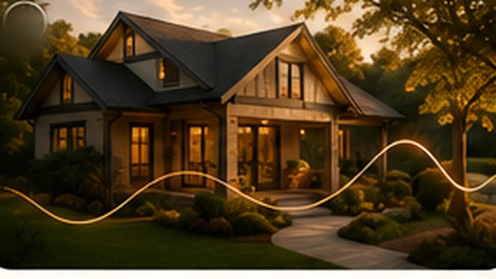 A craftsman home at golden hour, porch light on, with a warm hum line drifting across the lawn