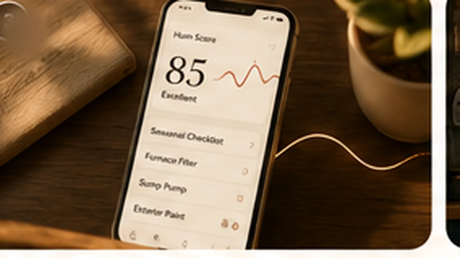 A phone on a wooden table showing a HouseHum home record — hum score, seasonal checklist, furnace filter, sump pump, exterior paint